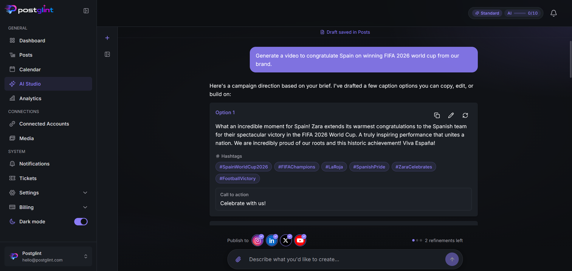 PostGlint AI Studio composing a caption and visual