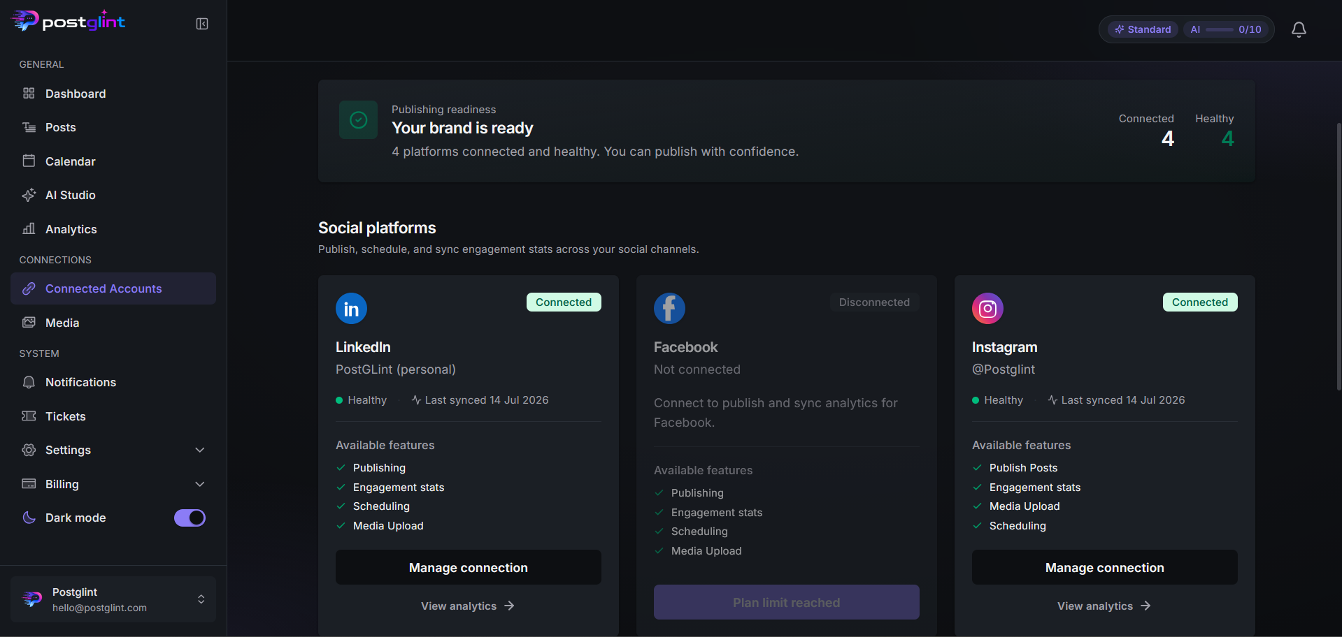 PostGlint connected social accounts
