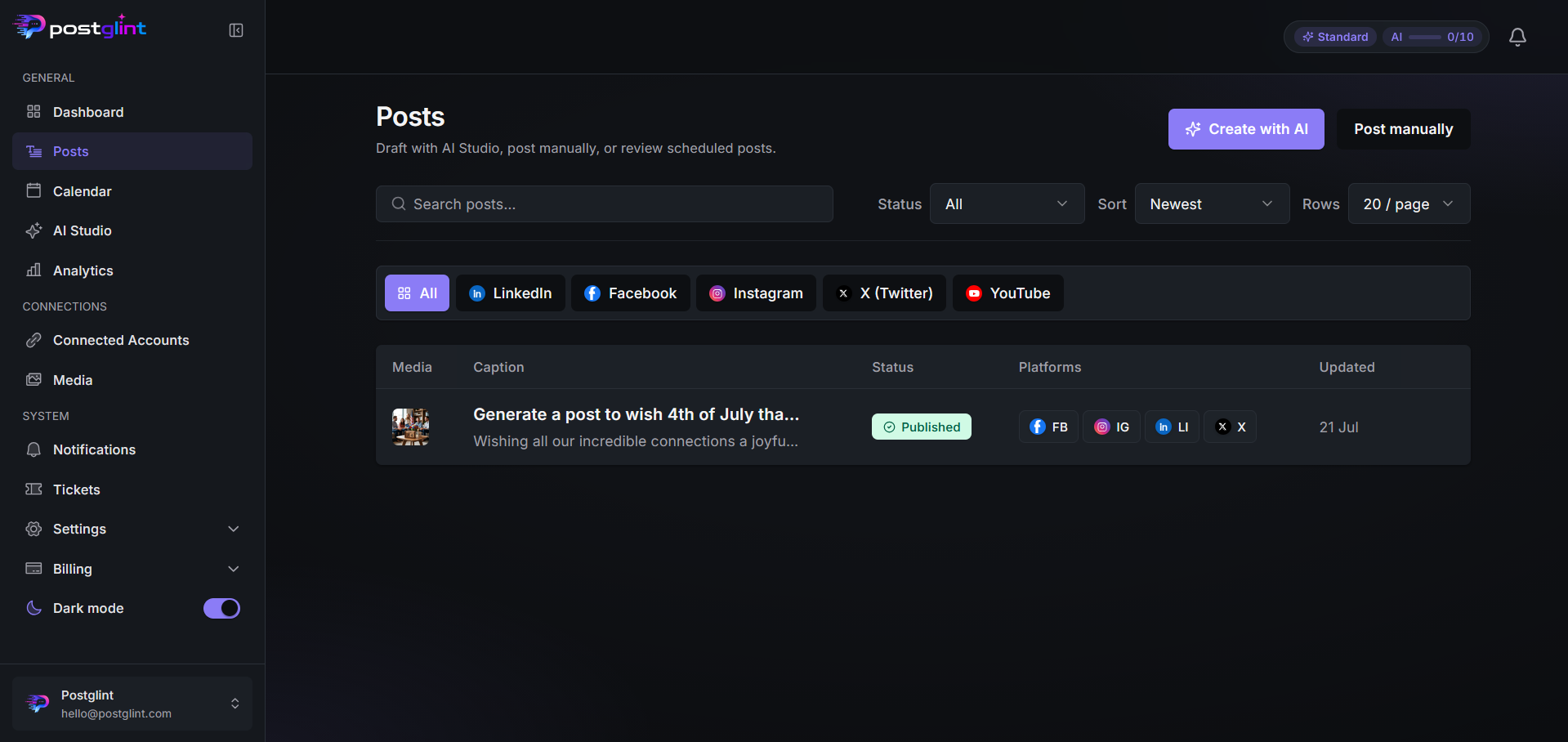 PostGlint posts and publish workspace