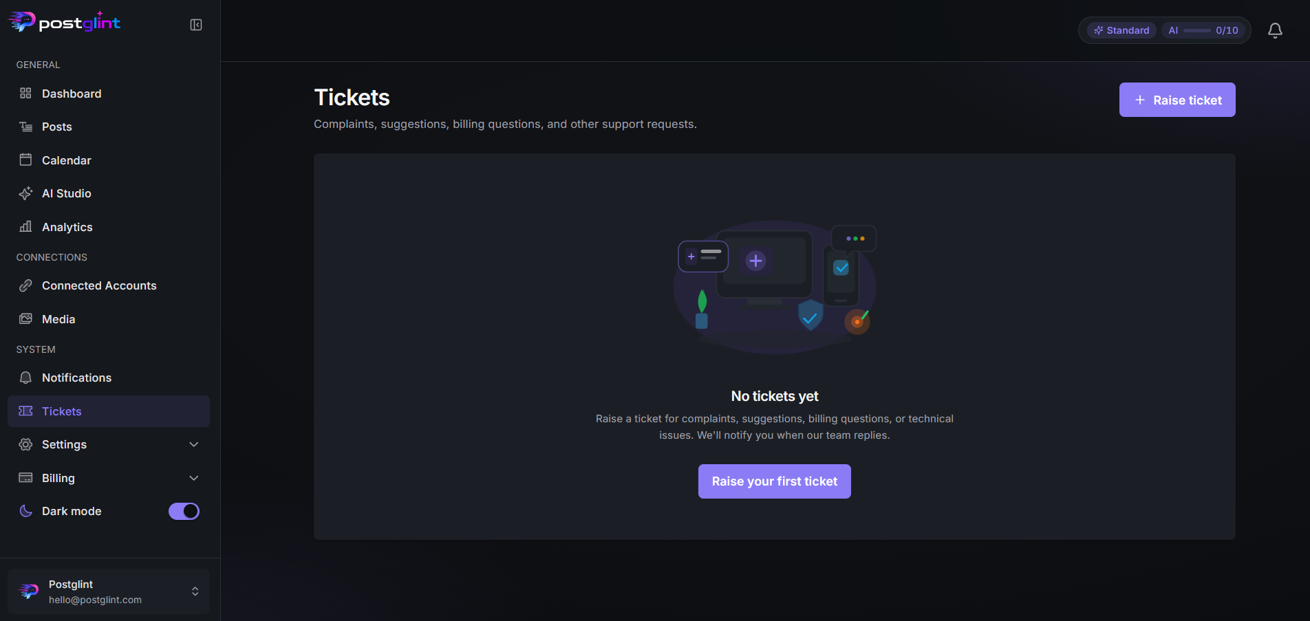 PostGlint support tickets